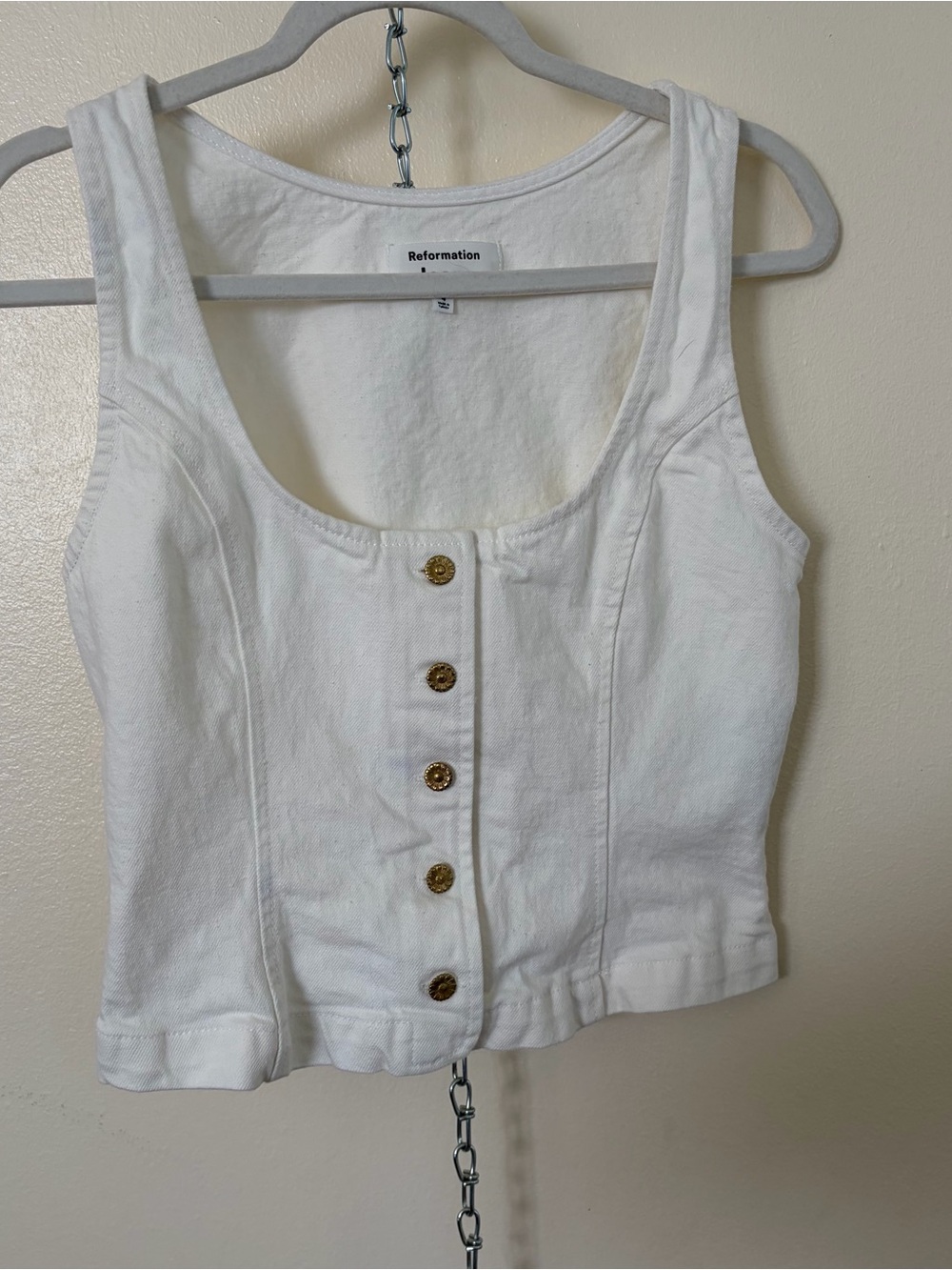 Reformation White Button-Front Crop Tank with Gold Buttons